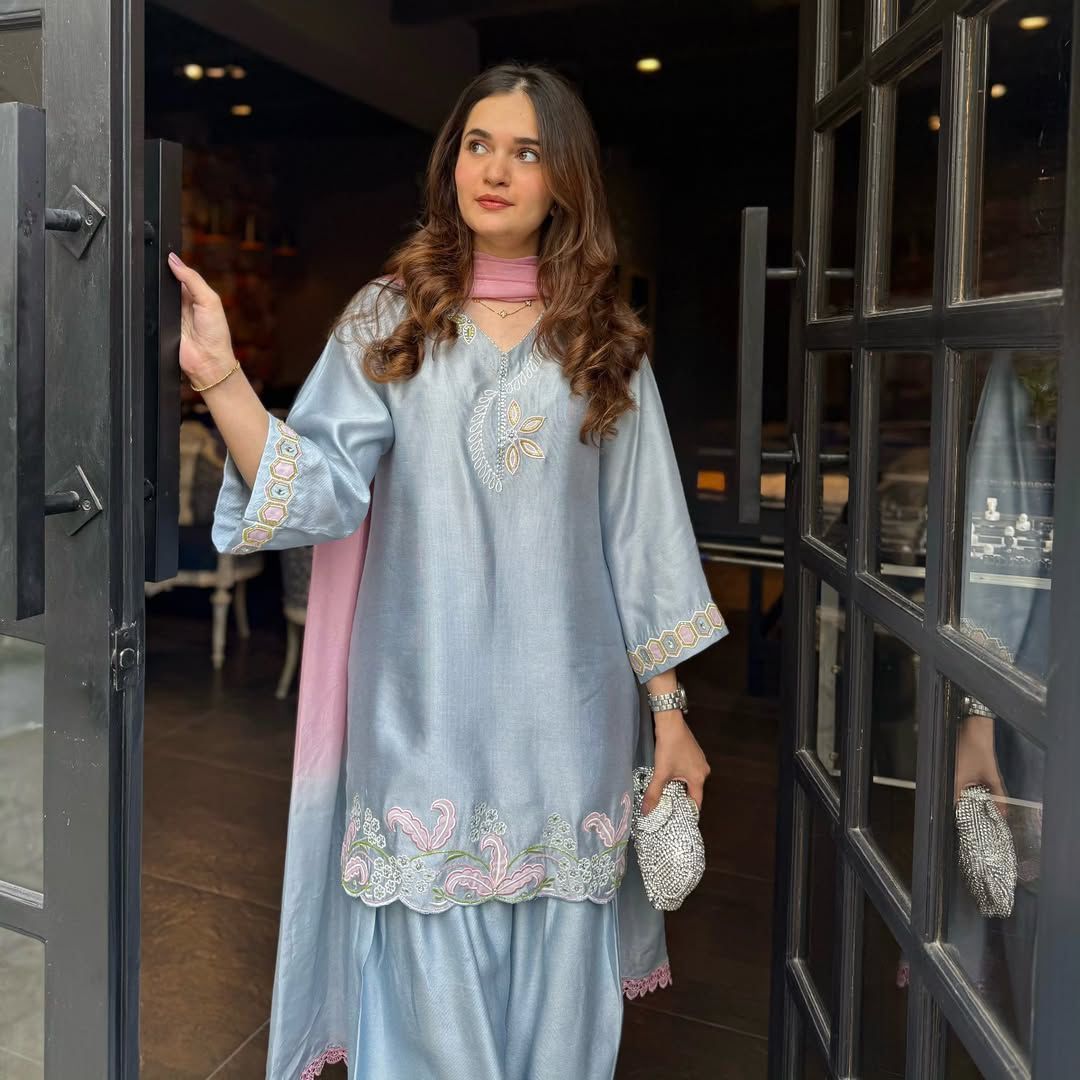 Designer Party Wear Embroidered Top with Farshi Salwar Set