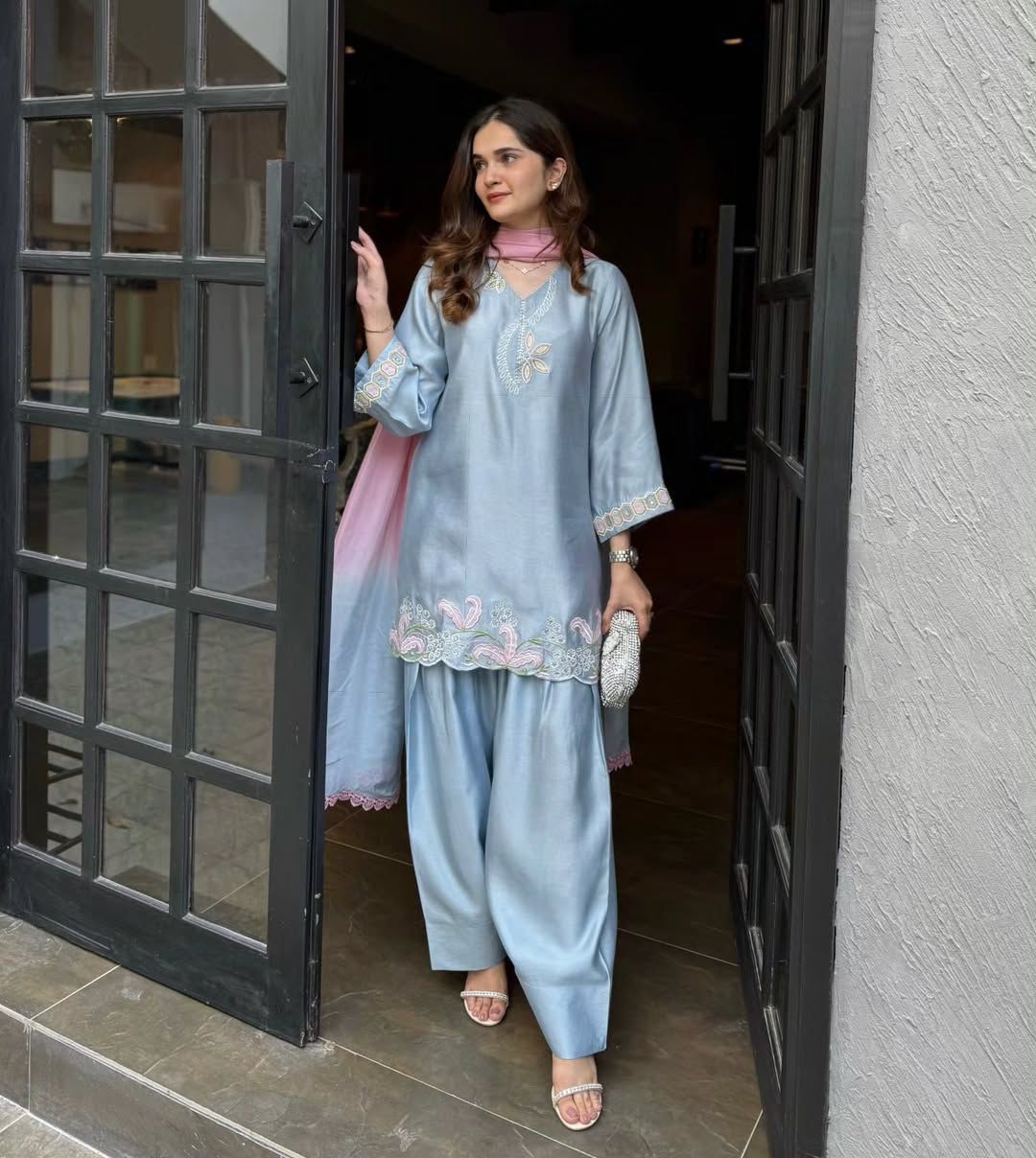 Designer Party Wear Embroidered Top with Farshi Salwar Set