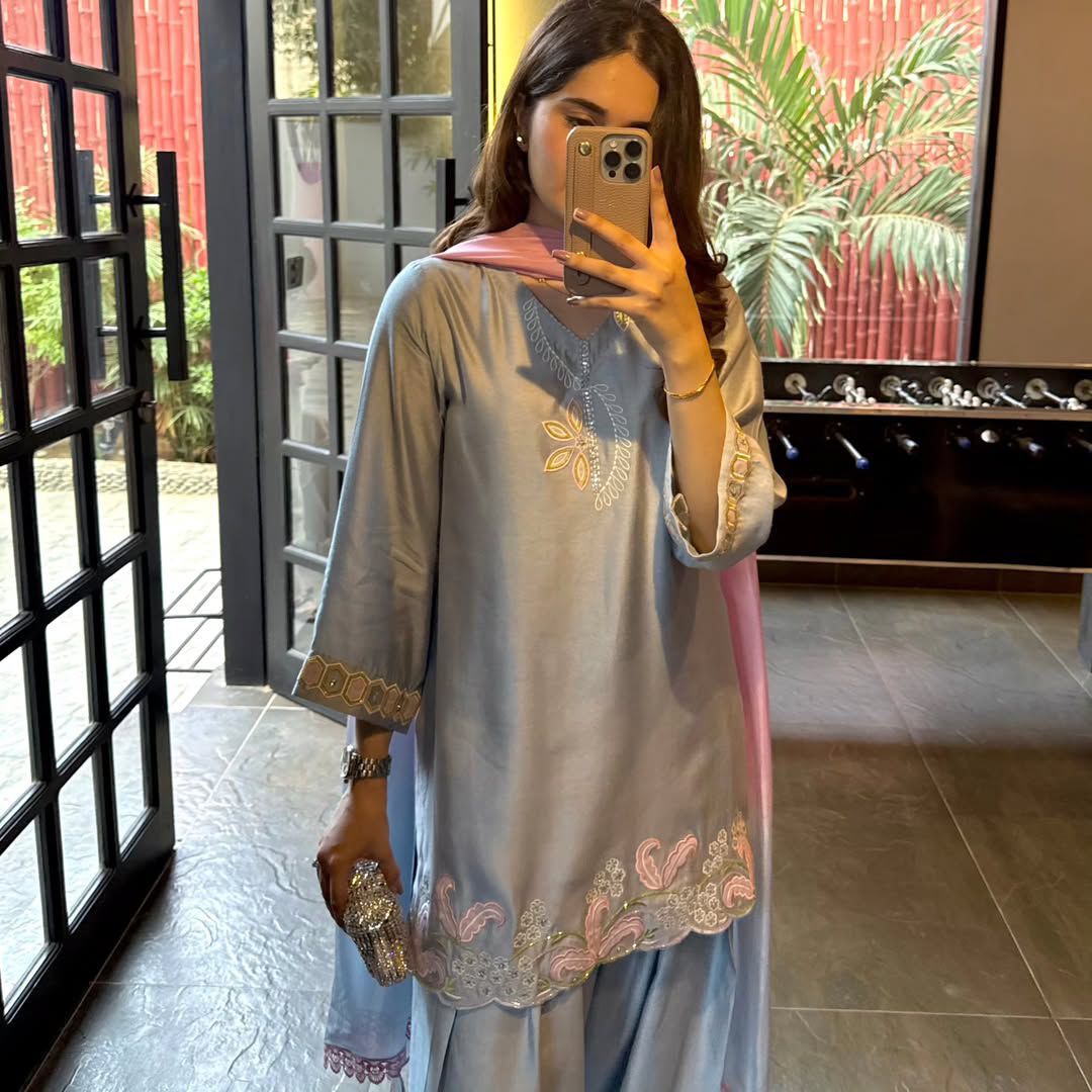 Designer Party Wear Embroidered Top with Farshi Salwar Set