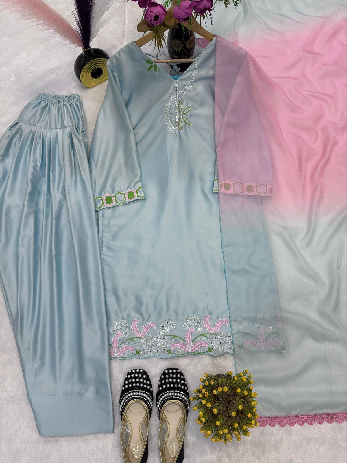Designer Party Wear Embroidered Top with Farshi Salwar Set