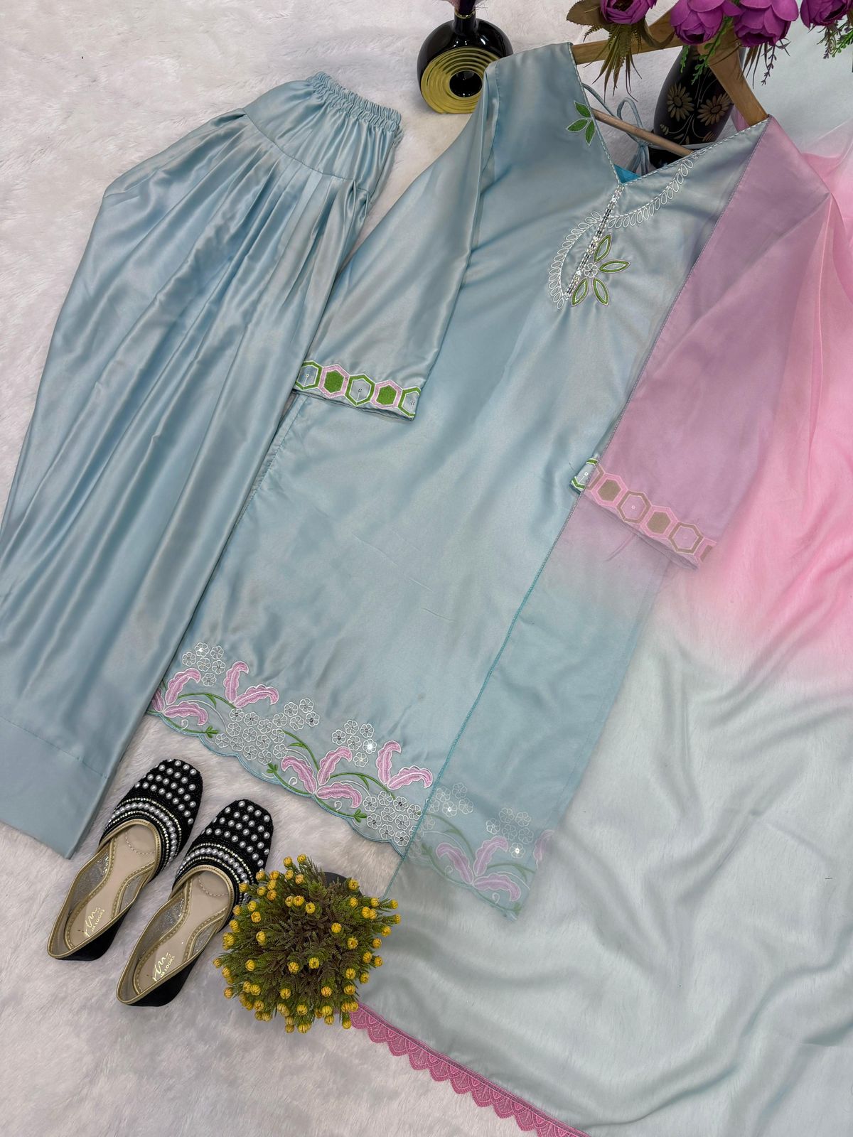Designer Party Wear Embroidered Top with Farshi Salwar Set