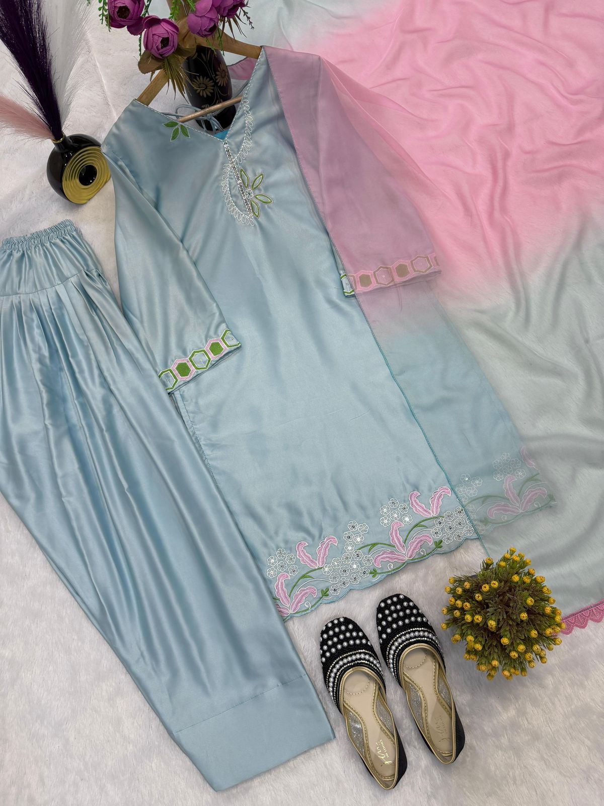 Designer Party Wear Embroidered Top with Farshi Salwar Set