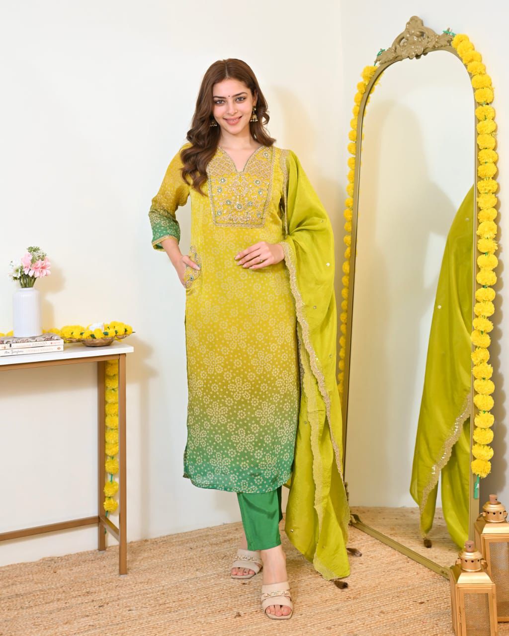 Pure Russian Silk Banarasi Embroidered Kurti Set