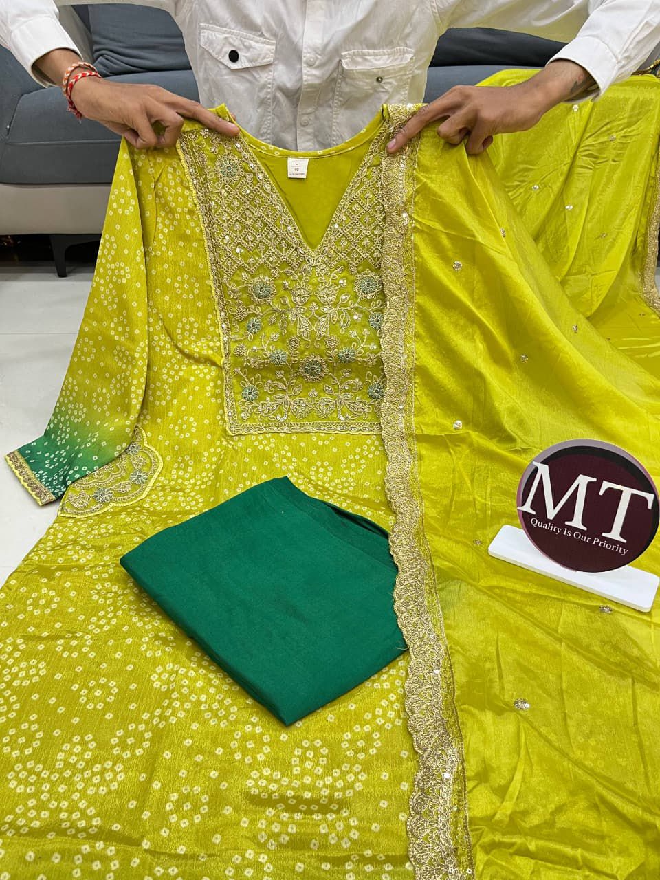 Pure Russian Silk Banarasi Embroidered Kurti Set