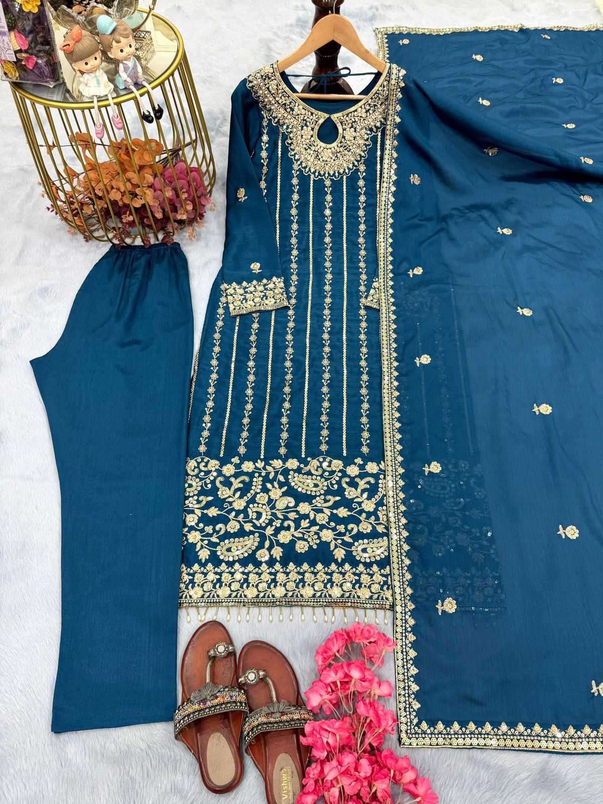 Designer Pure Chinon Silk Embroidered Suit Set