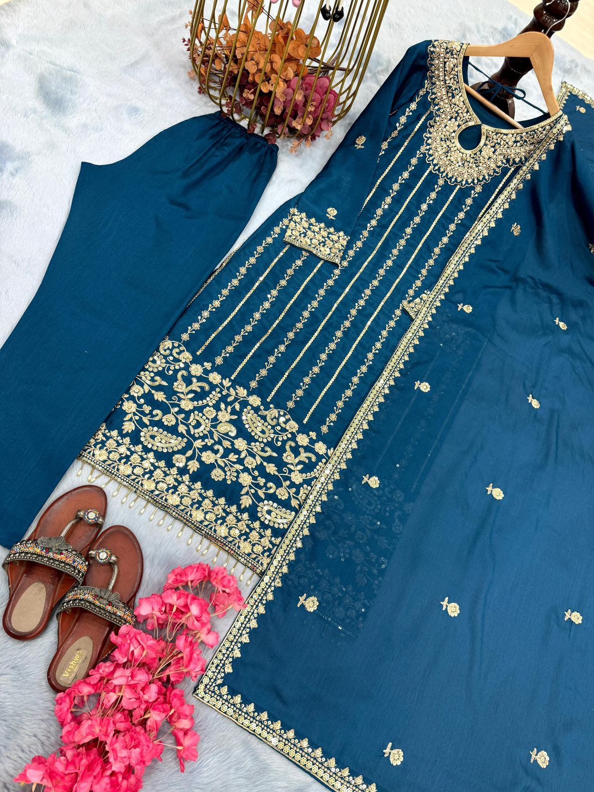 Designer Pure Chinon Silk Embroidered Suit Set