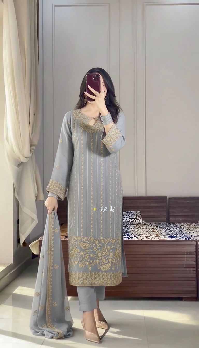 Designer Pure Chinon Silk Embroidered Suit Set