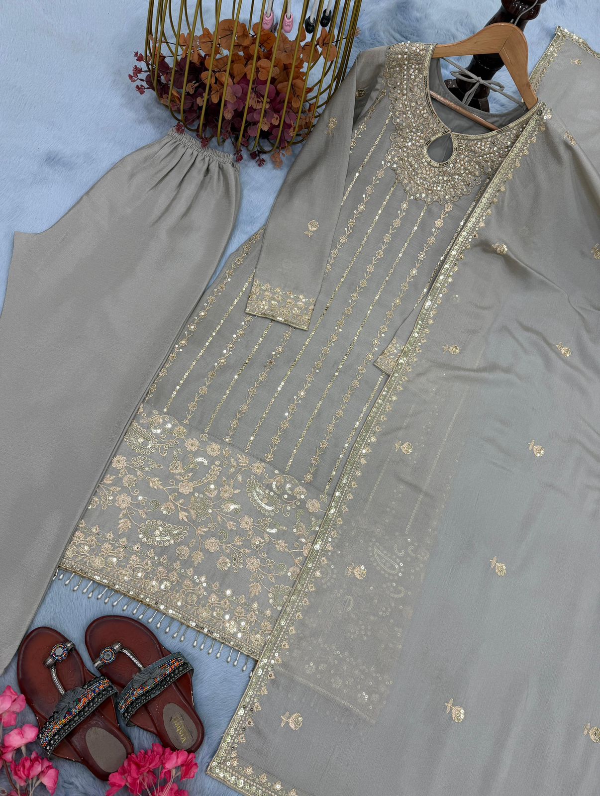 Designer Pure Chinon Silk Embroidered Suit Set