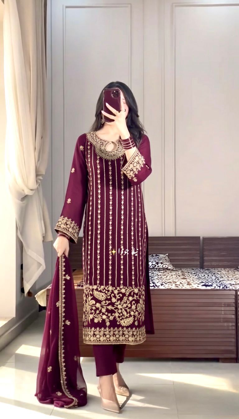 Designer Pure Chinon Silk Embroidered Suit Set