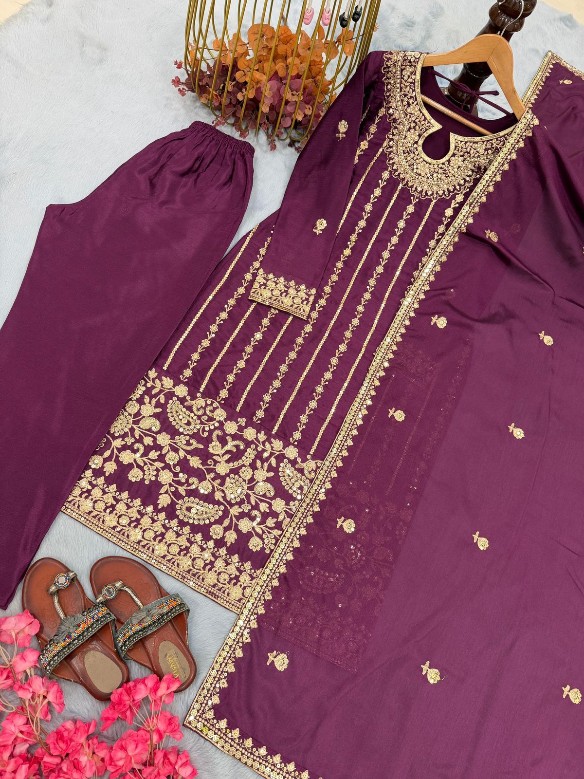 Designer Pure Chinon Silk Embroidered Suit Set