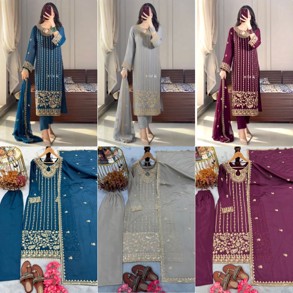 Designer Pure Chinon Silk Embroidered Suit Set