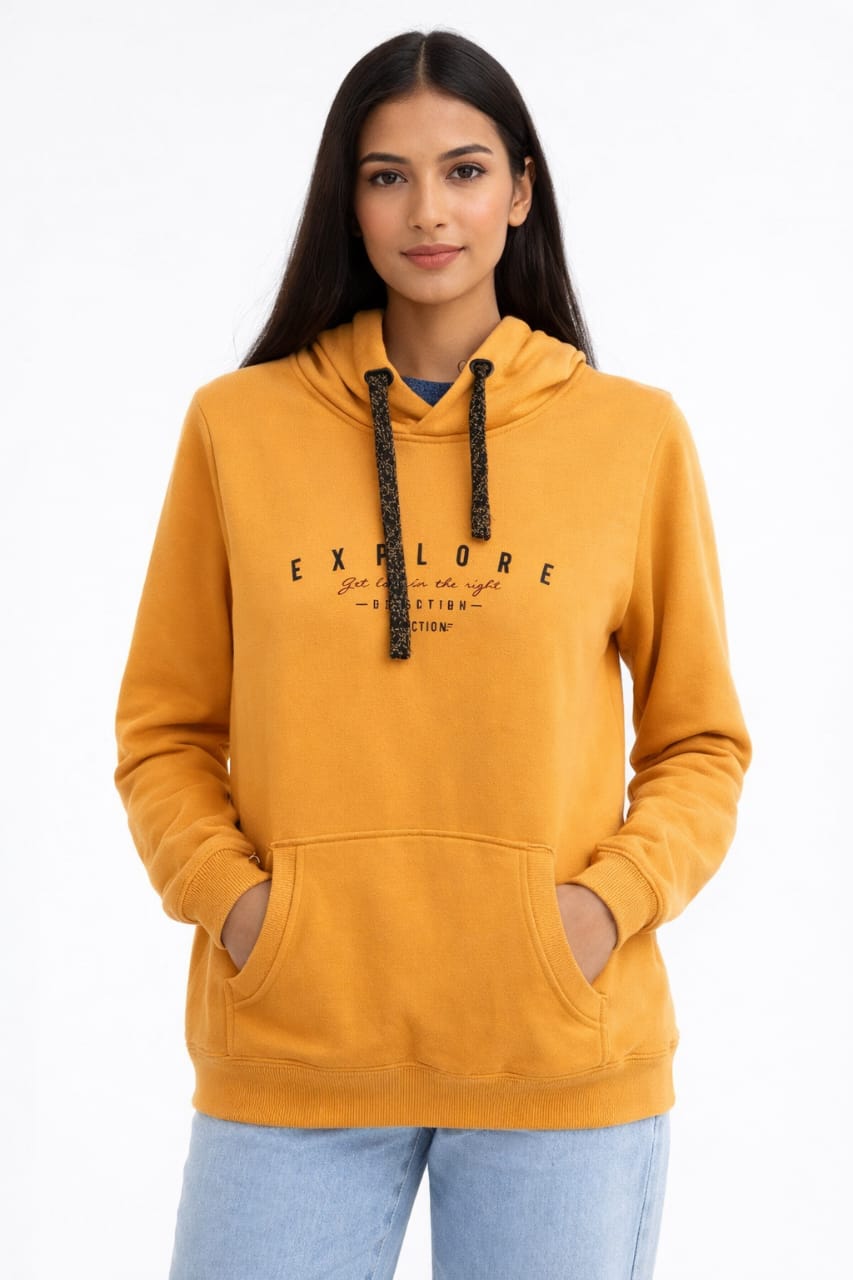 Mustard 'Explore' Graphic Hoodie - Size S
