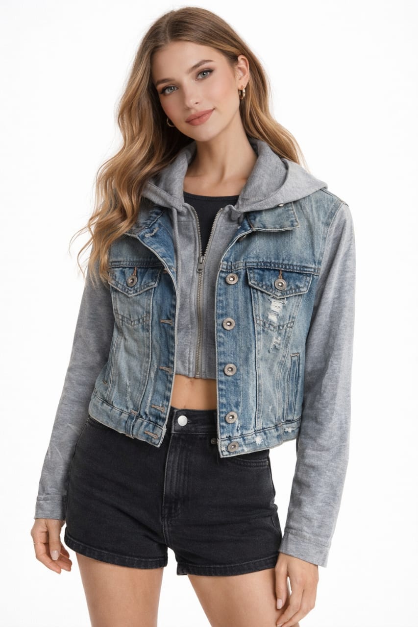 Light Wash Denim Jacket with Grey Hoodie Sleeves - Size S