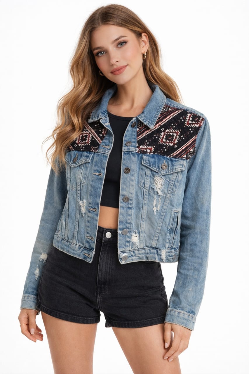 Light Wash Denim Jacket with Aztec Embellishments - Size L