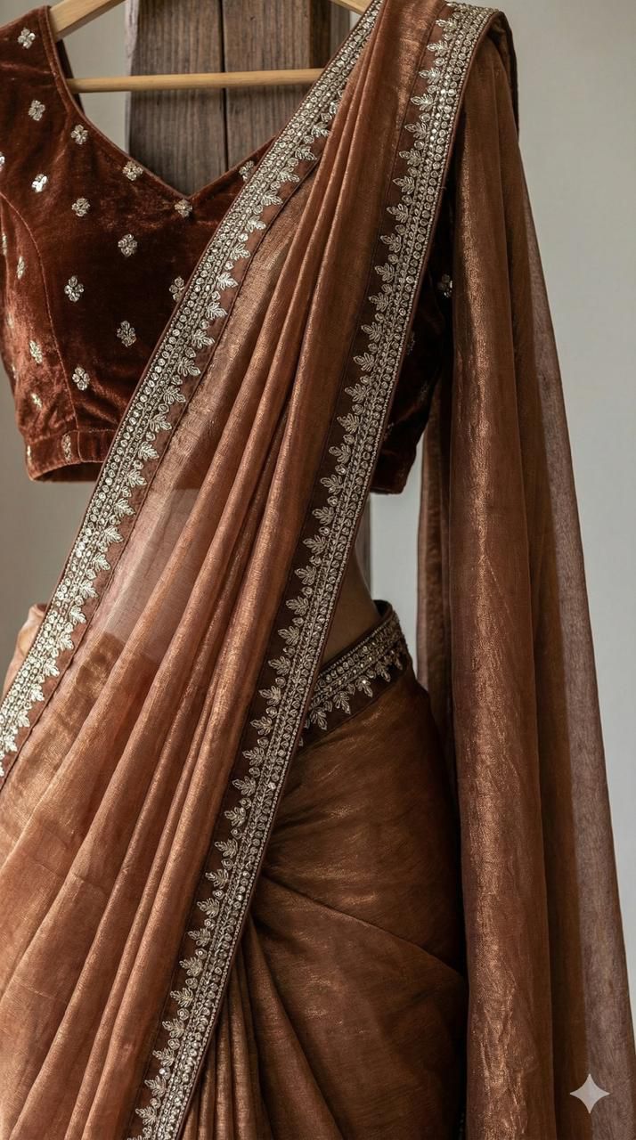 Caramel Shine Pre-Draped Saree with Velvet Embroidered Blouse