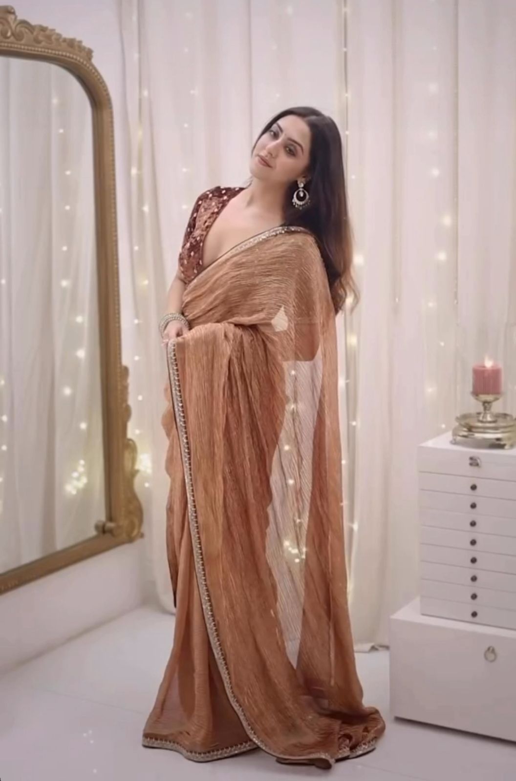 Caramel Shine Pre-Draped Saree with Velvet Embroidered Blouse