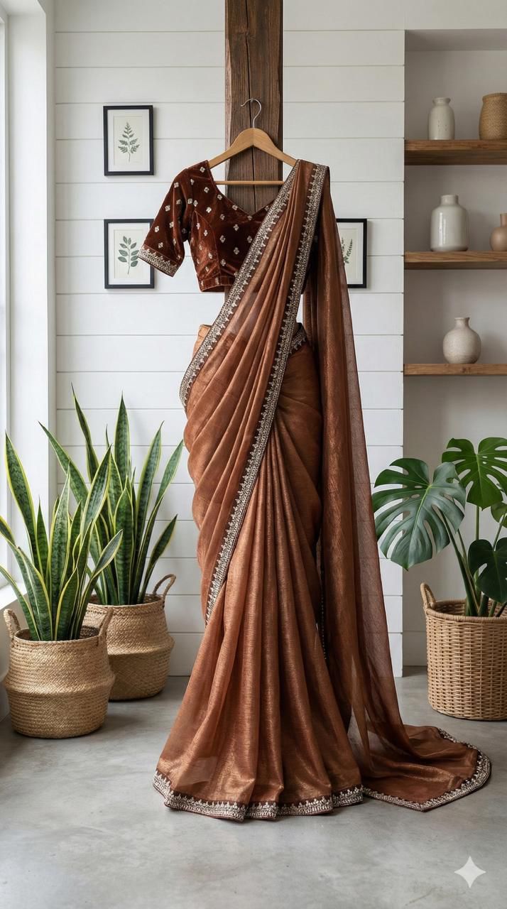 Caramel Shine Pre-Draped Saree with Velvet Embroidered Blouse
