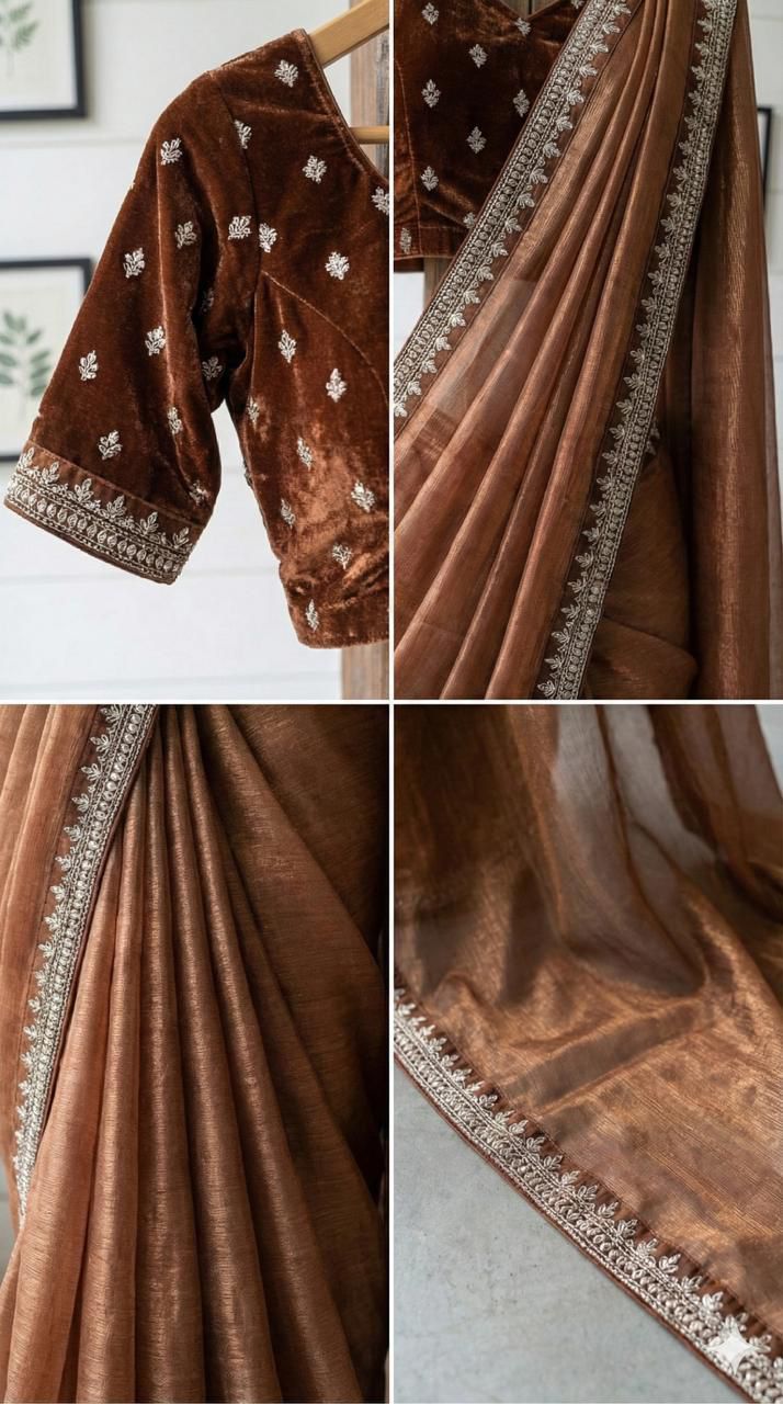 Caramel Shine Pre-Draped Saree with Velvet Embroidered Blouse