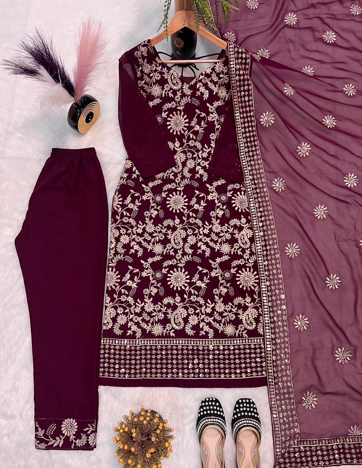 Desirable Fancy Faux Georgette Sequence Embroidered Suit Set