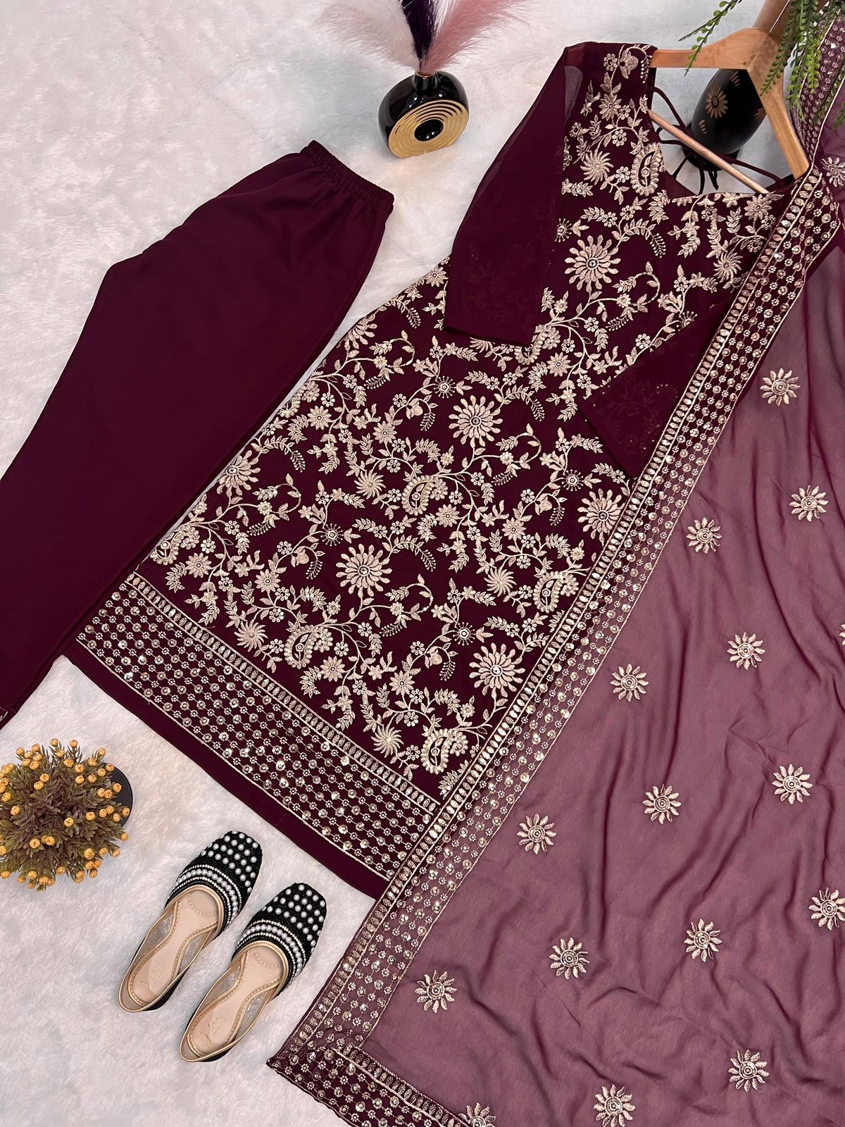 Desirable Fancy Faux Georgette Sequence Embroidered Suit Set