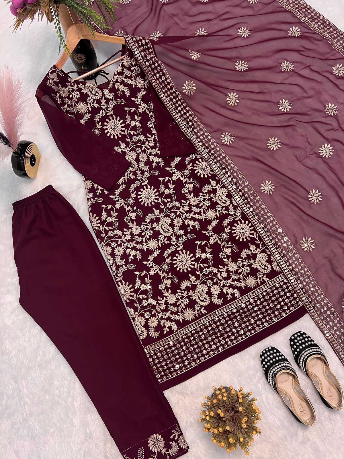 Desirable Fancy Faux Georgette Sequence Embroidered Suit Set