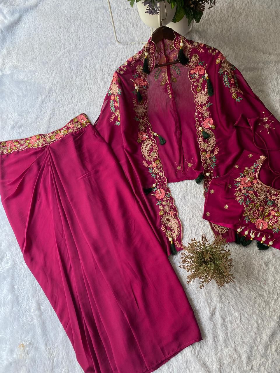 Indo-Western 3-Piece Shrug, Dhoti & Blouse Set - Rangoli Silk