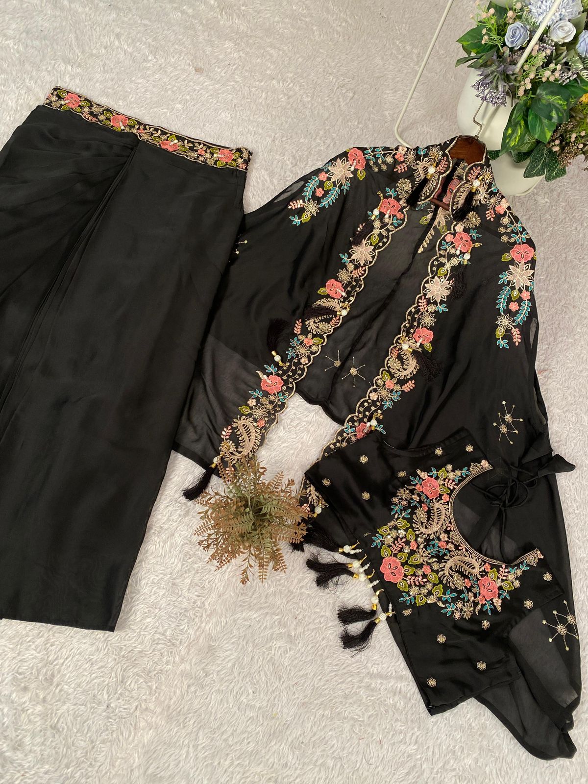 Indo-Western 3-Piece Shrug, Dhoti & Blouse Set - Rangoli Silk