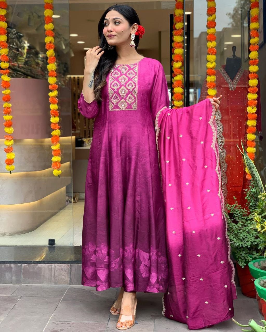 Sale - Pink Violate Anarkali Flared Kurti Pant Dupatta Set - Pure Muslin