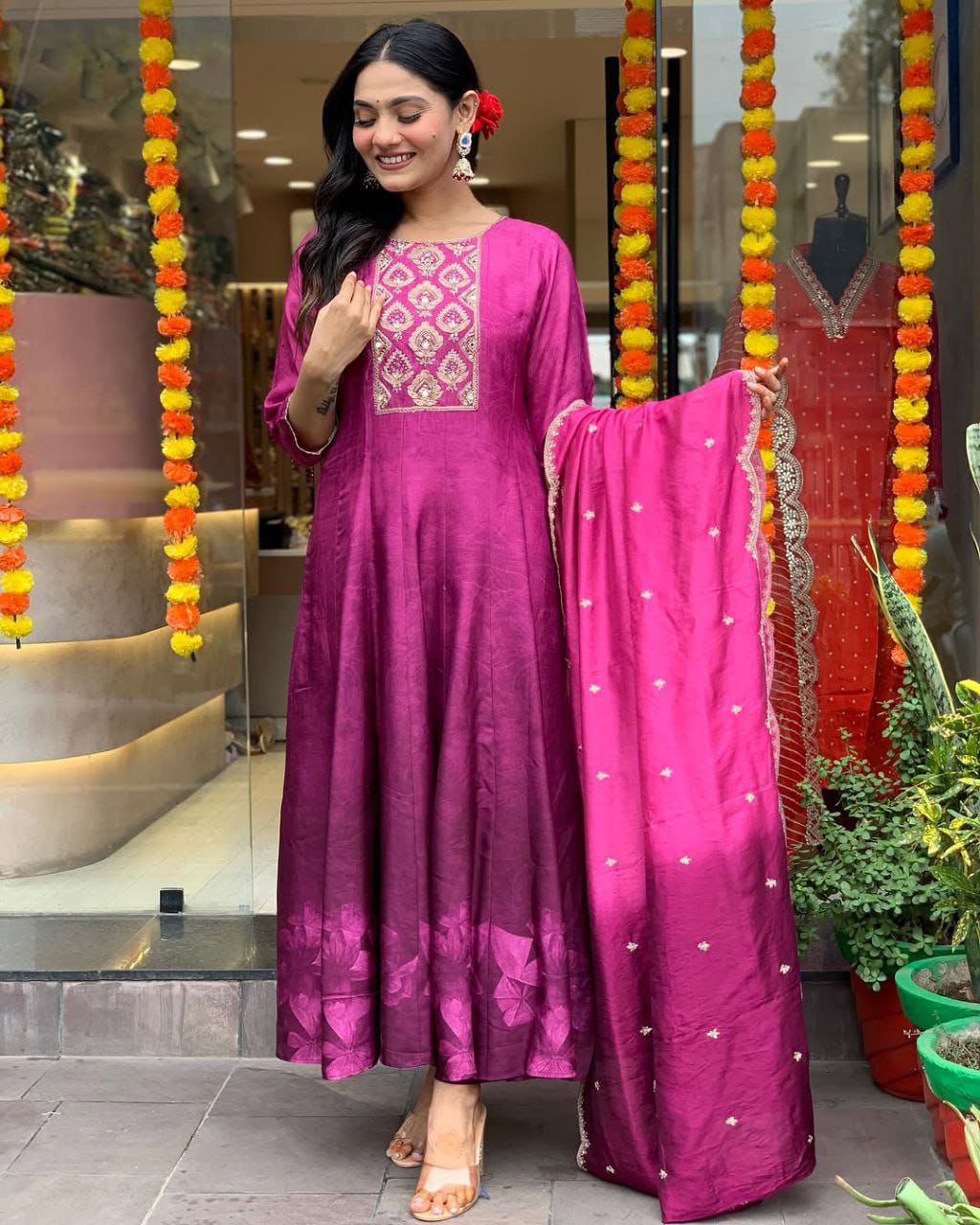 Sale - Pink Violate Anarkali Flared Kurti Pant Dupatta Set - Pure Muslin