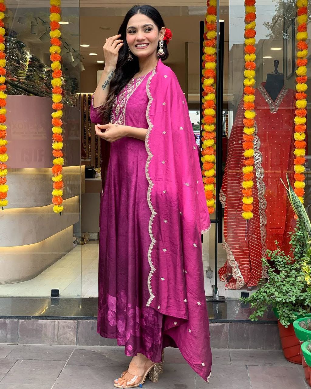 Sale - Pink Violate Anarkali Flared Kurti Pant Dupatta Set - Pure Muslin