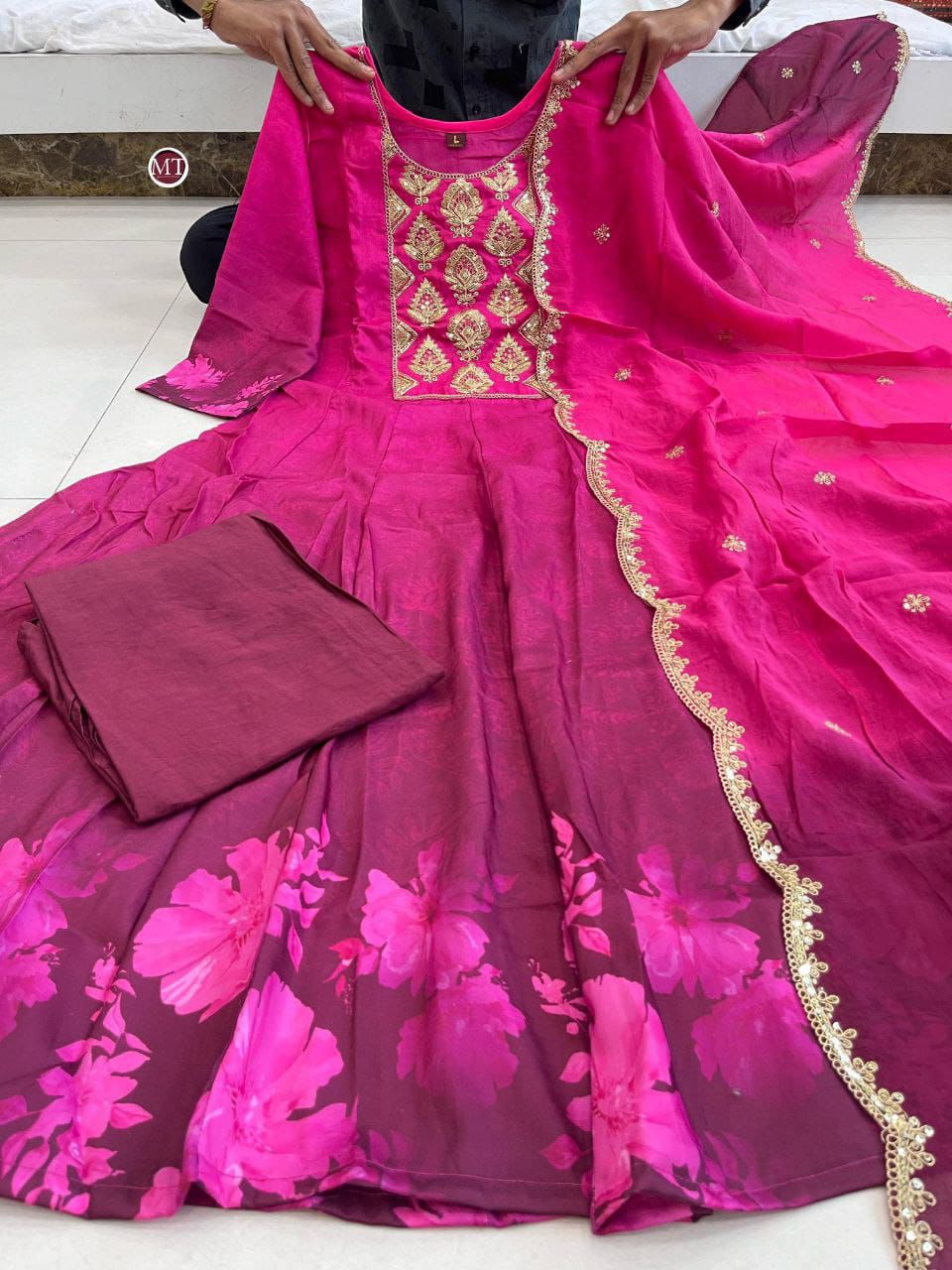 Sale - Pink Violate Anarkali Flared Kurti Pant Dupatta Set - Pure Muslin