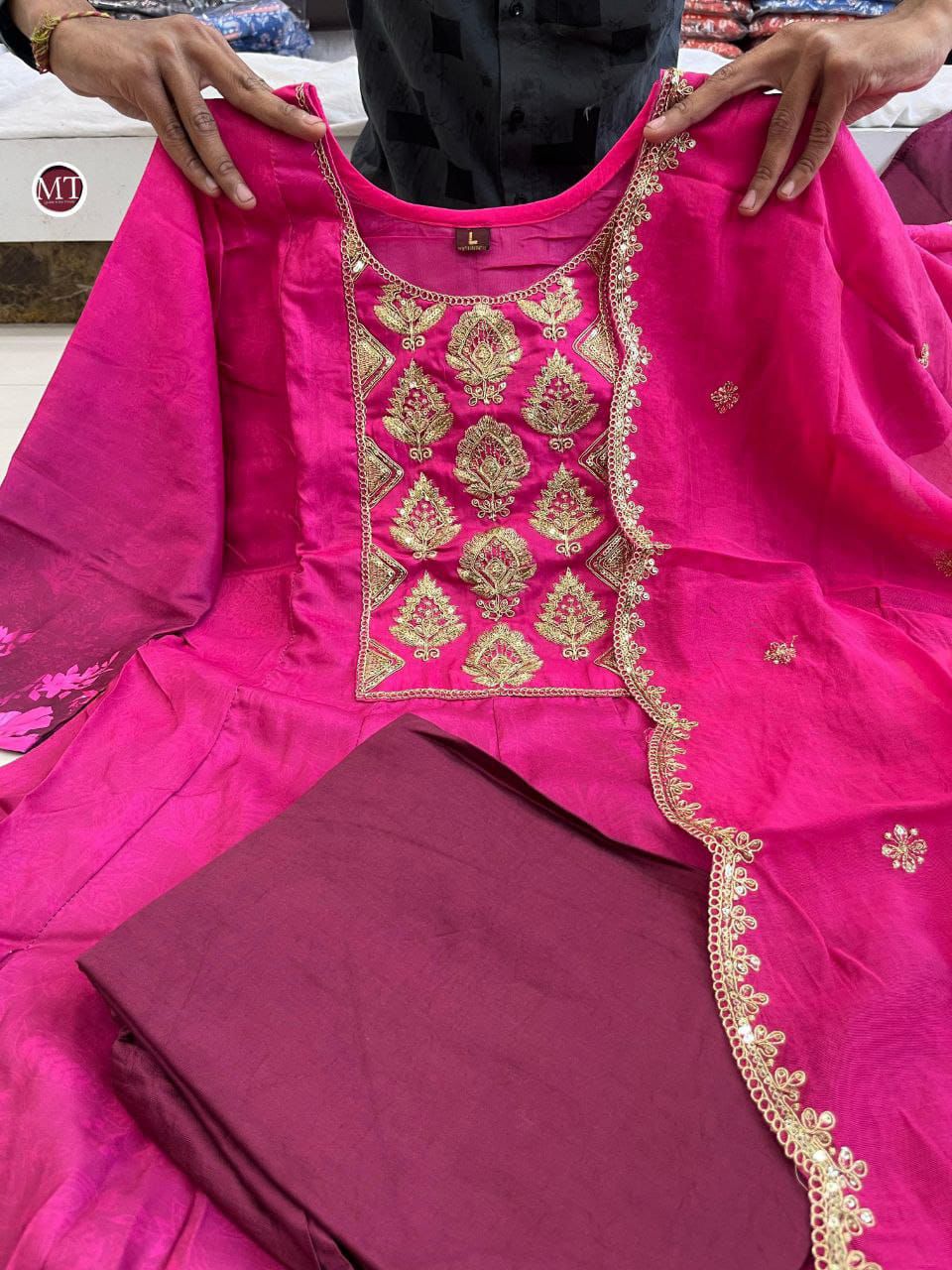 Sale - Pink Violate Anarkali Flared Kurti Pant Dupatta Set - Pure Muslin