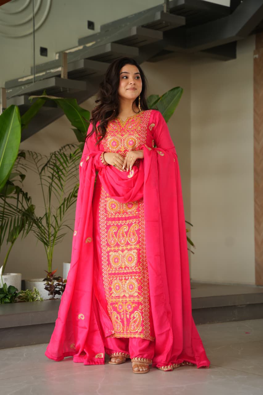 Readymade Chinnon Zari Embroidered Top-Pant with Dupatta Set