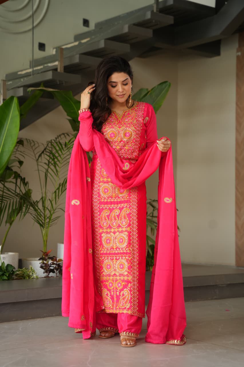 Readymade Chinnon Zari Embroidered Top-Pant with Dupatta Set