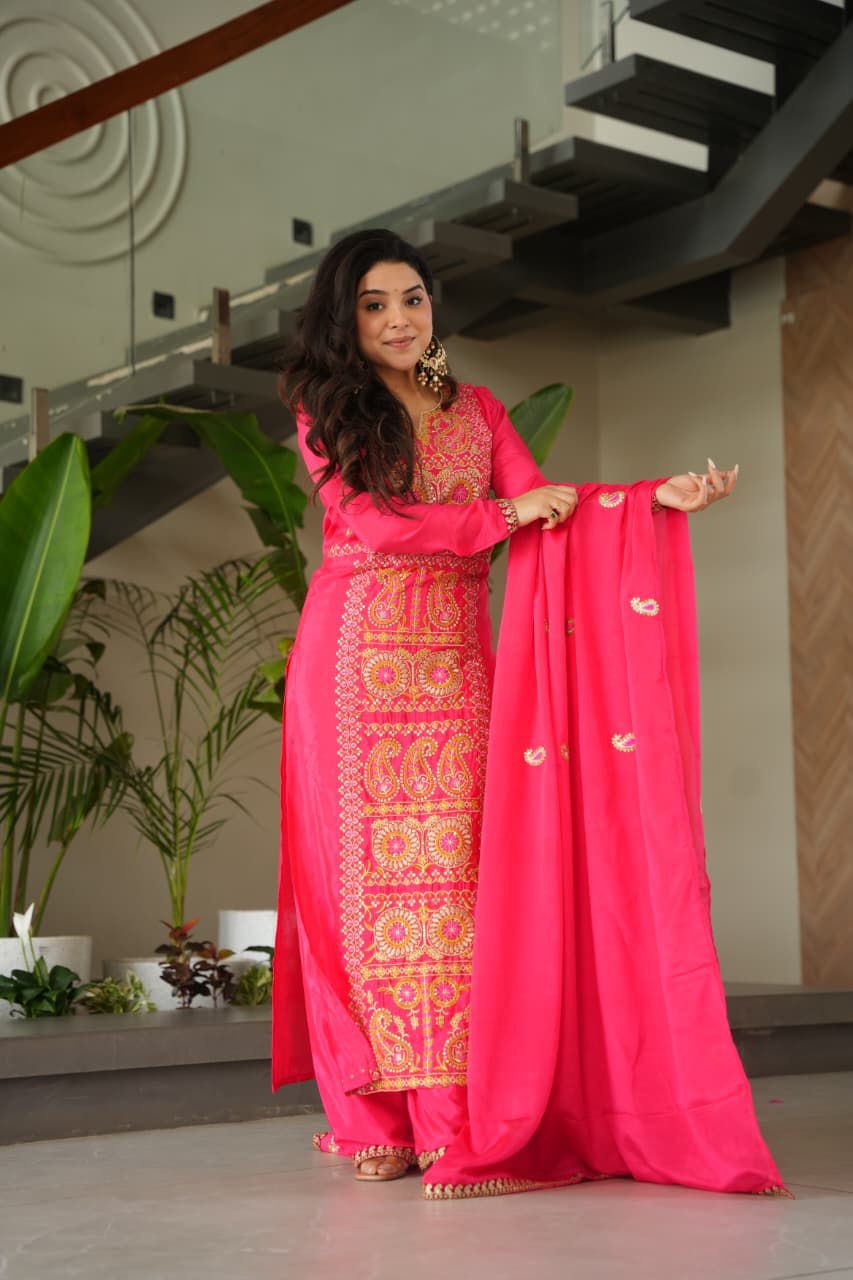 Readymade Chinnon Zari Embroidered Top-Pant with Dupatta Set