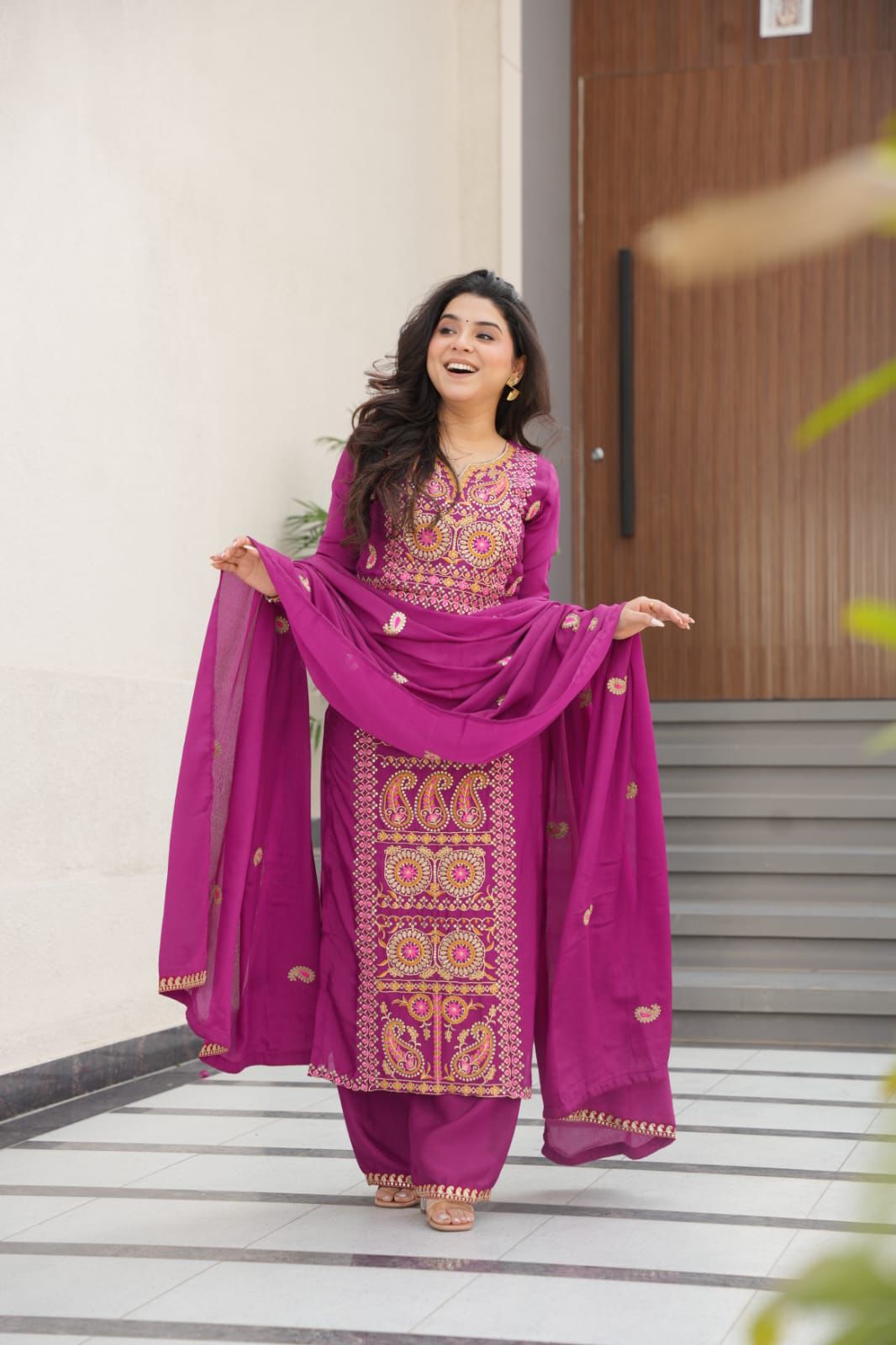 Readymade Chinnon Zari Embroidered Top-Pant with Dupatta Set