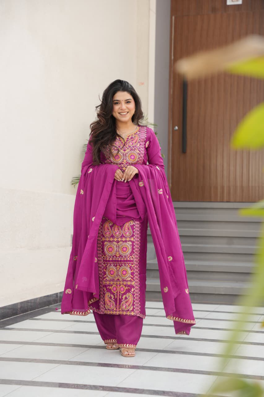 Readymade Chinnon Zari Embroidered Top-Pant with Dupatta Set