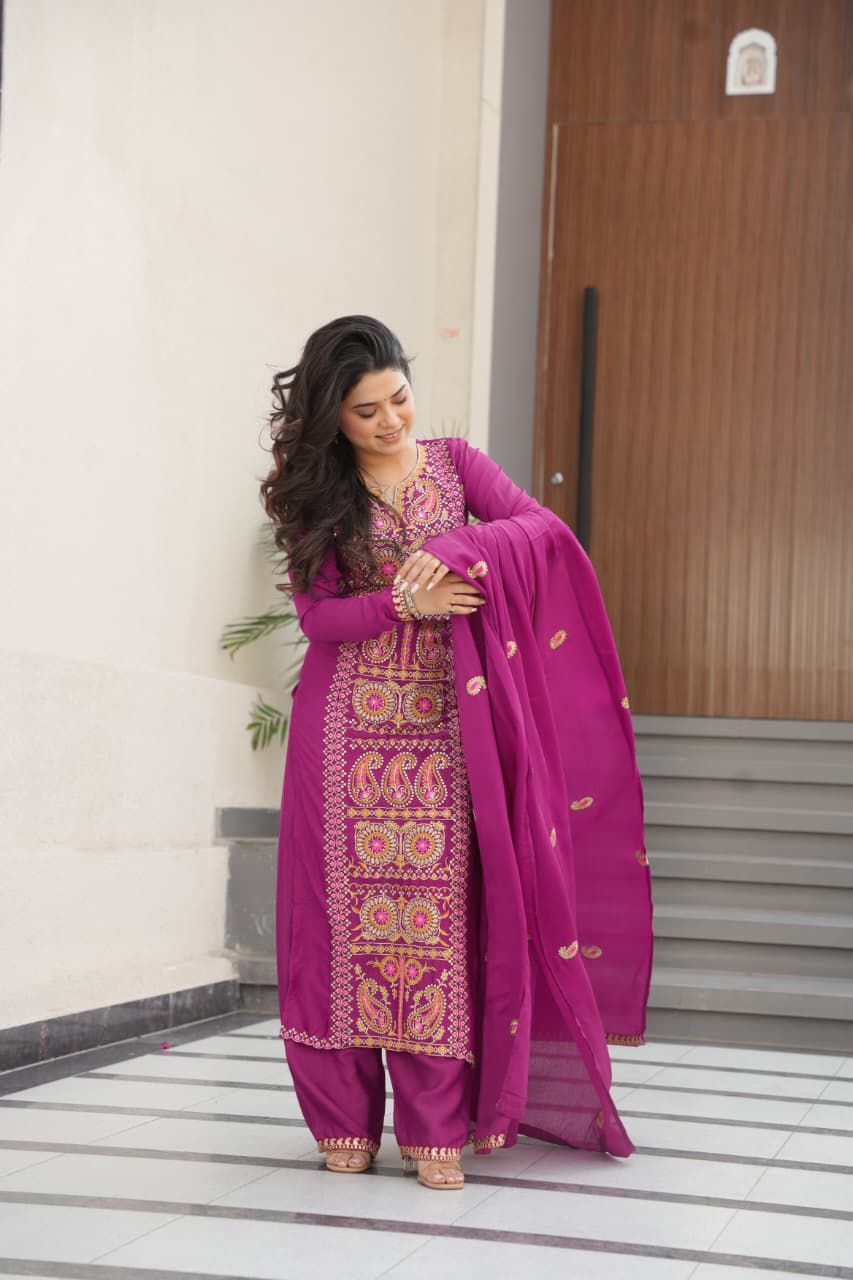 Readymade Chinnon Zari Embroidered Top-Pant with Dupatta Set