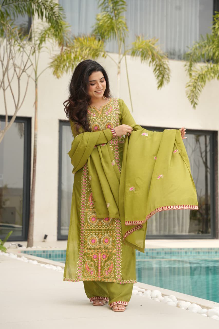 Readymade Chinnon Zari Embroidered Top-Pant with Dupatta Set