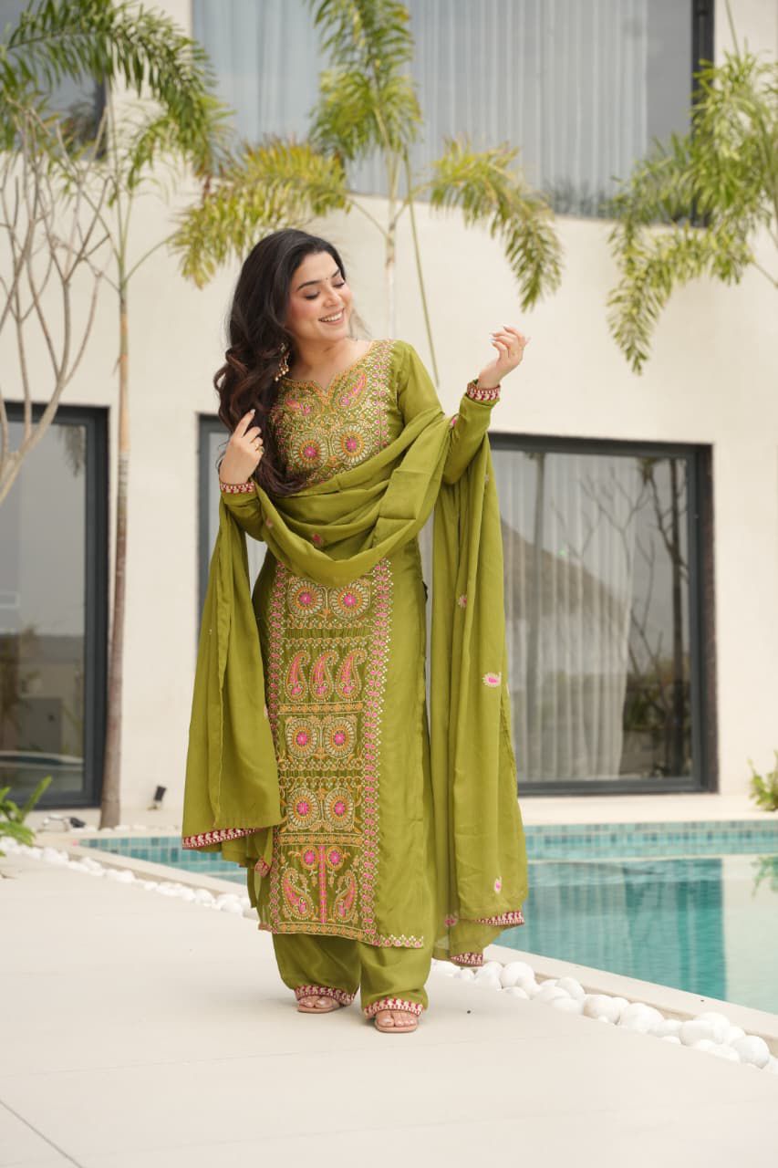 Readymade Chinnon Zari Embroidered Top-Pant with Dupatta Set