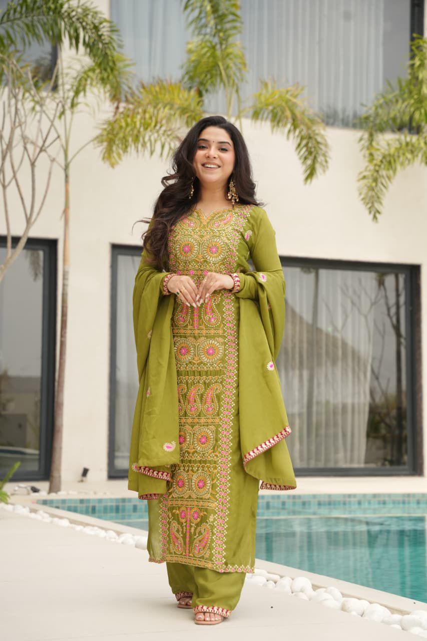 Readymade Chinnon Zari Embroidered Top-Pant with Dupatta Set