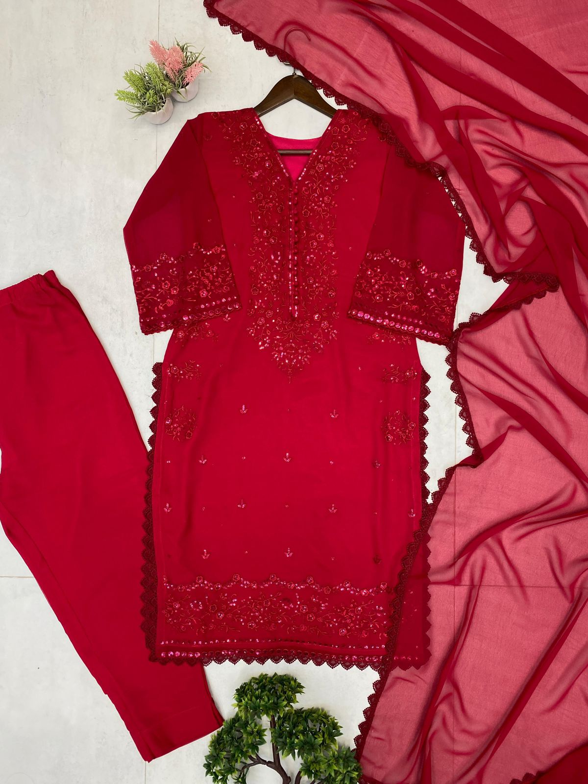 Exclusive 3 Piece Palazzo Set with Dupatta - Sequence Embroidery Work