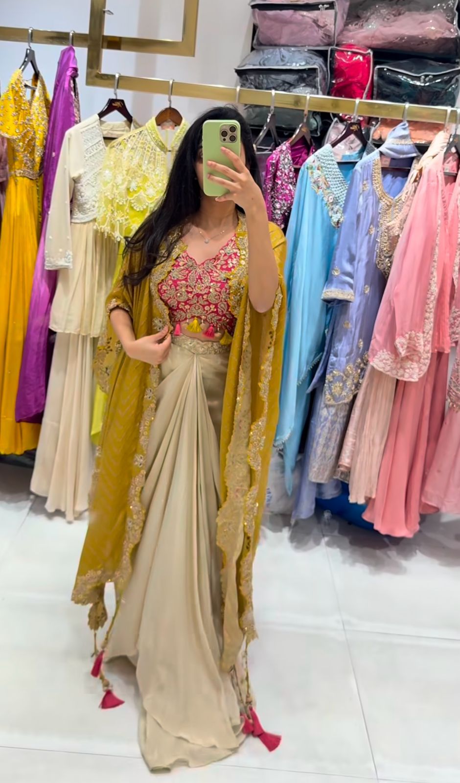 Three Piece Western Outfit - Embroidered Tube Blouse, Draped Skirt & Shrug