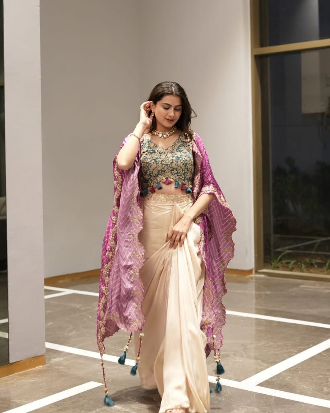 Three Piece Western Outfit - Embroidered Tube Blouse, Draped Skirt & Shrug