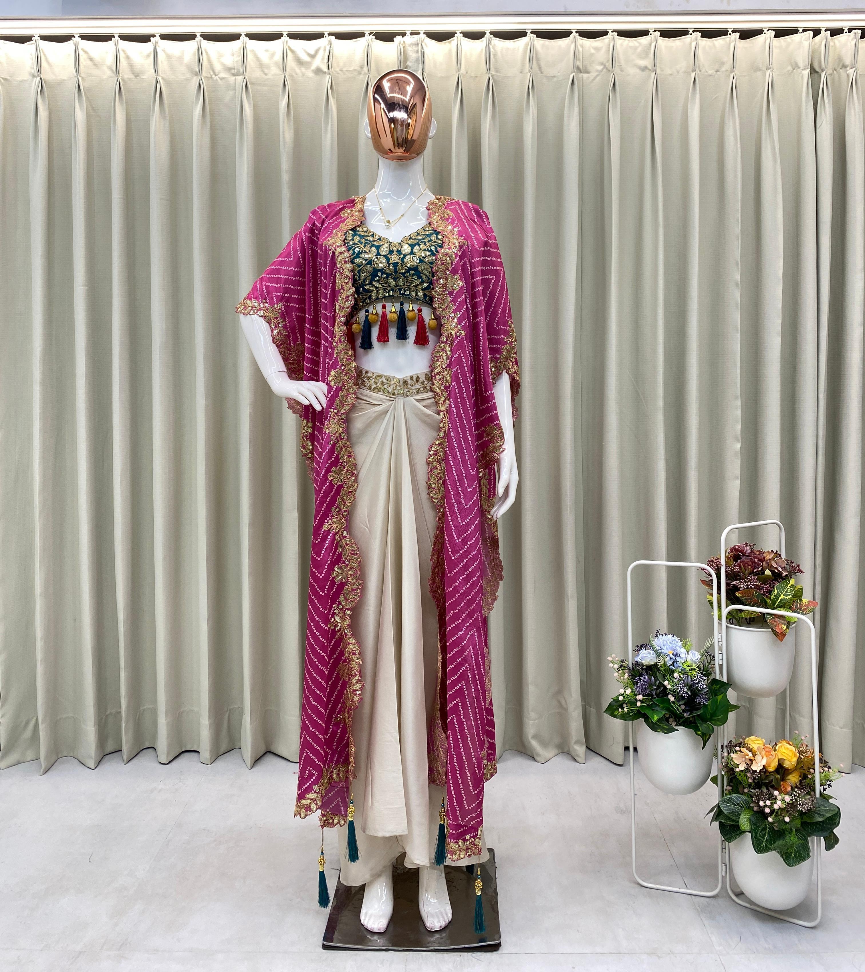 Three Piece Western Outfit - Embroidered Tube Blouse, Draped Skirt & Shrug