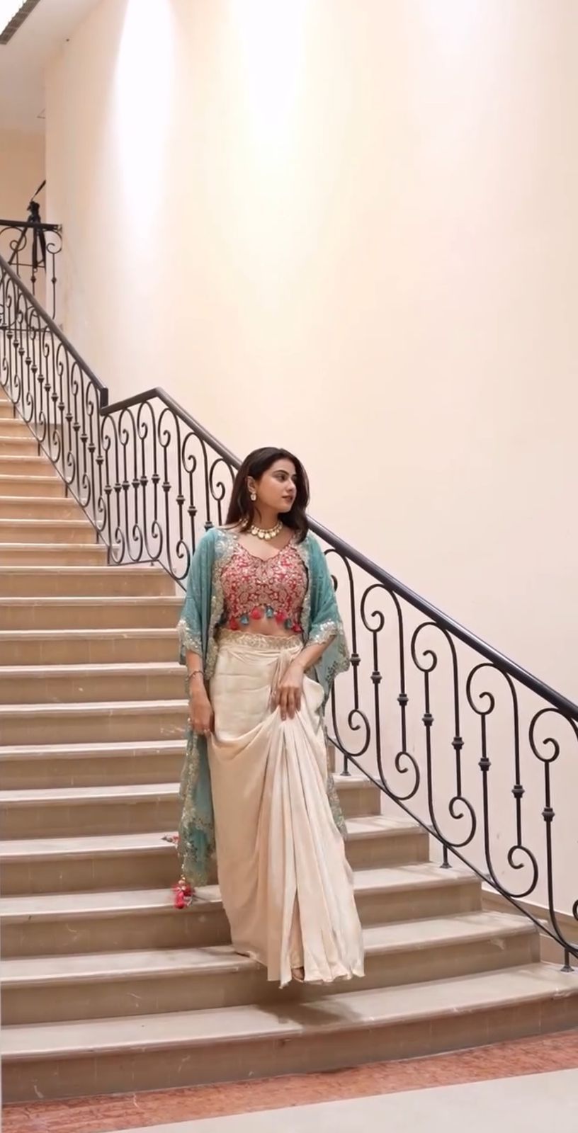 Three Piece Western Outfit - Embroidered Tube Blouse, Draped Skirt & Shrug