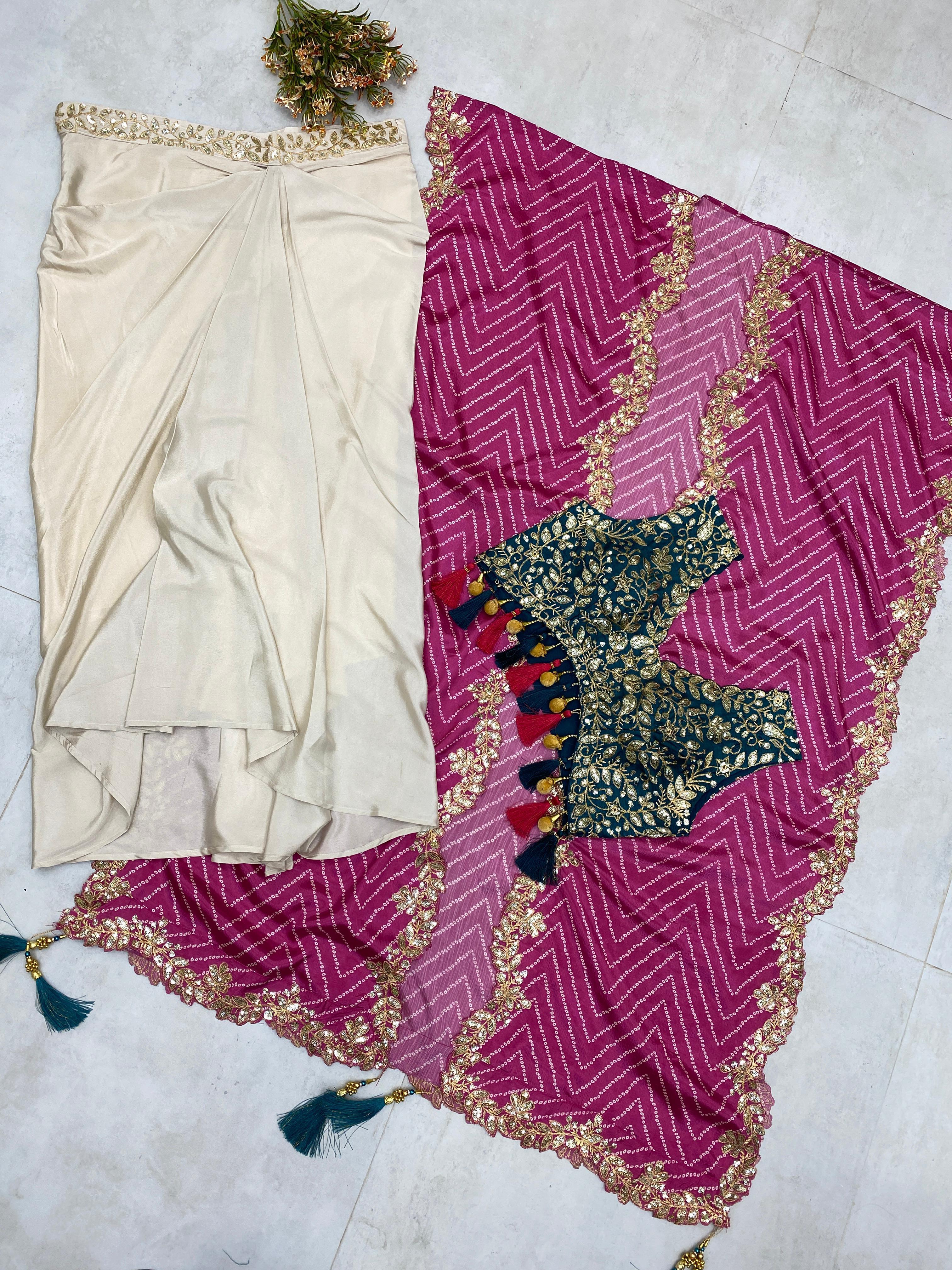 Three Piece Western Outfit - Embroidered Tube Blouse, Draped Skirt & Shrug