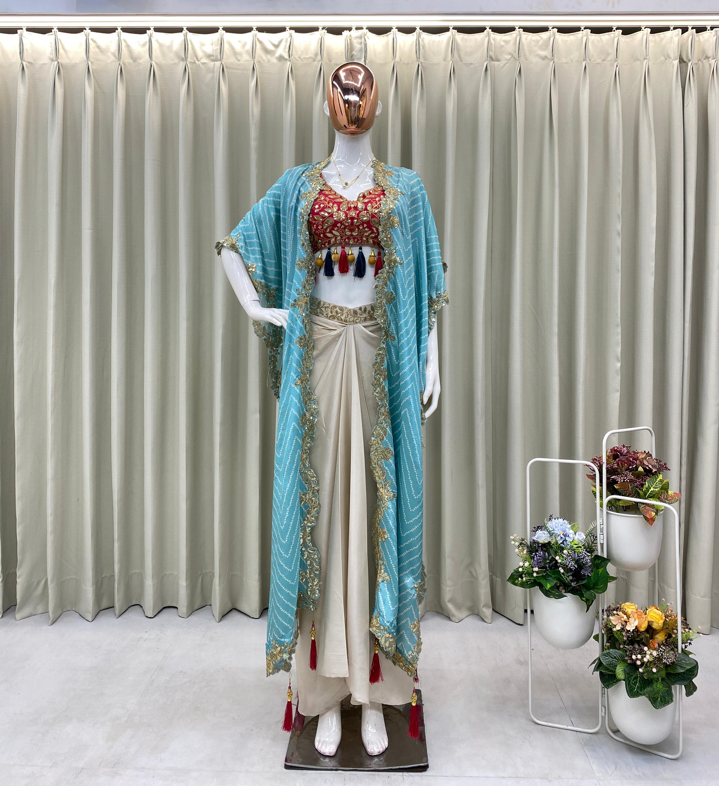 Three Piece Western Outfit - Embroidered Tube Blouse, Draped Skirt & Shrug