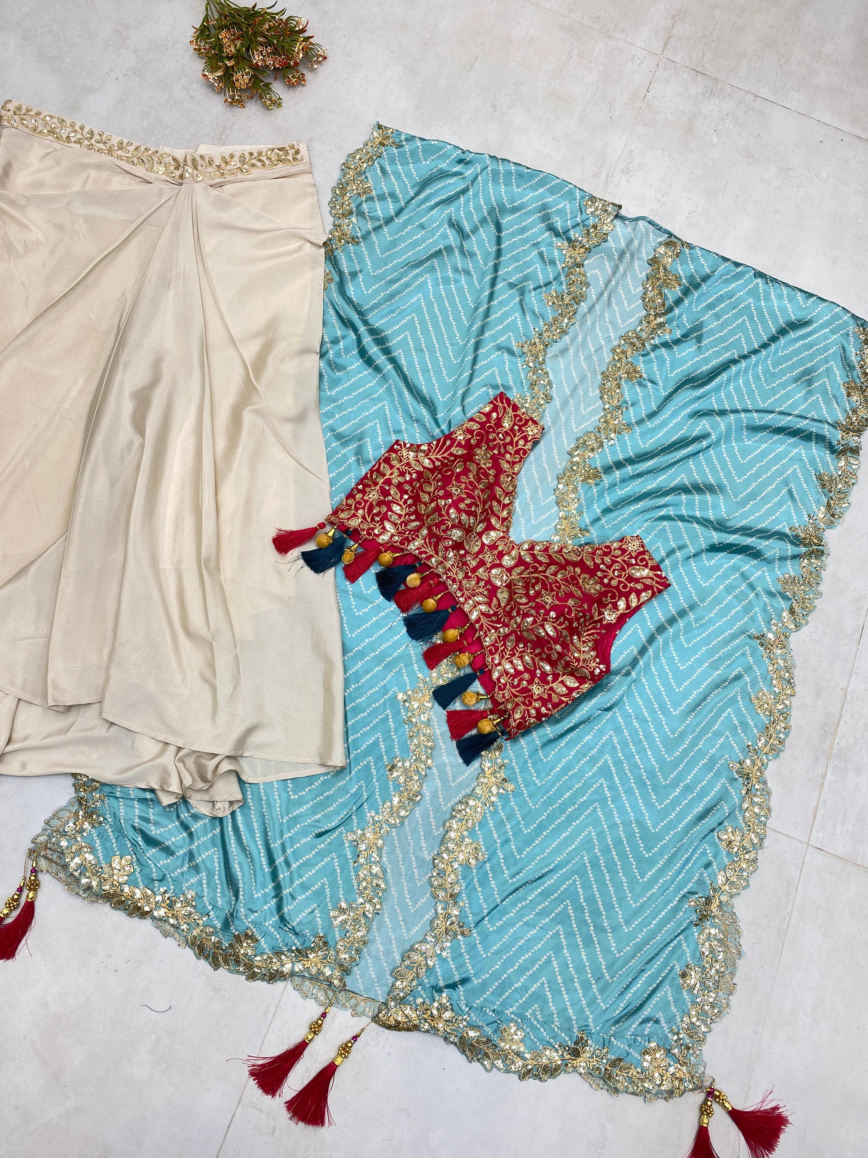 Three Piece Western Outfit - Embroidered Tube Blouse, Draped Skirt & Shrug