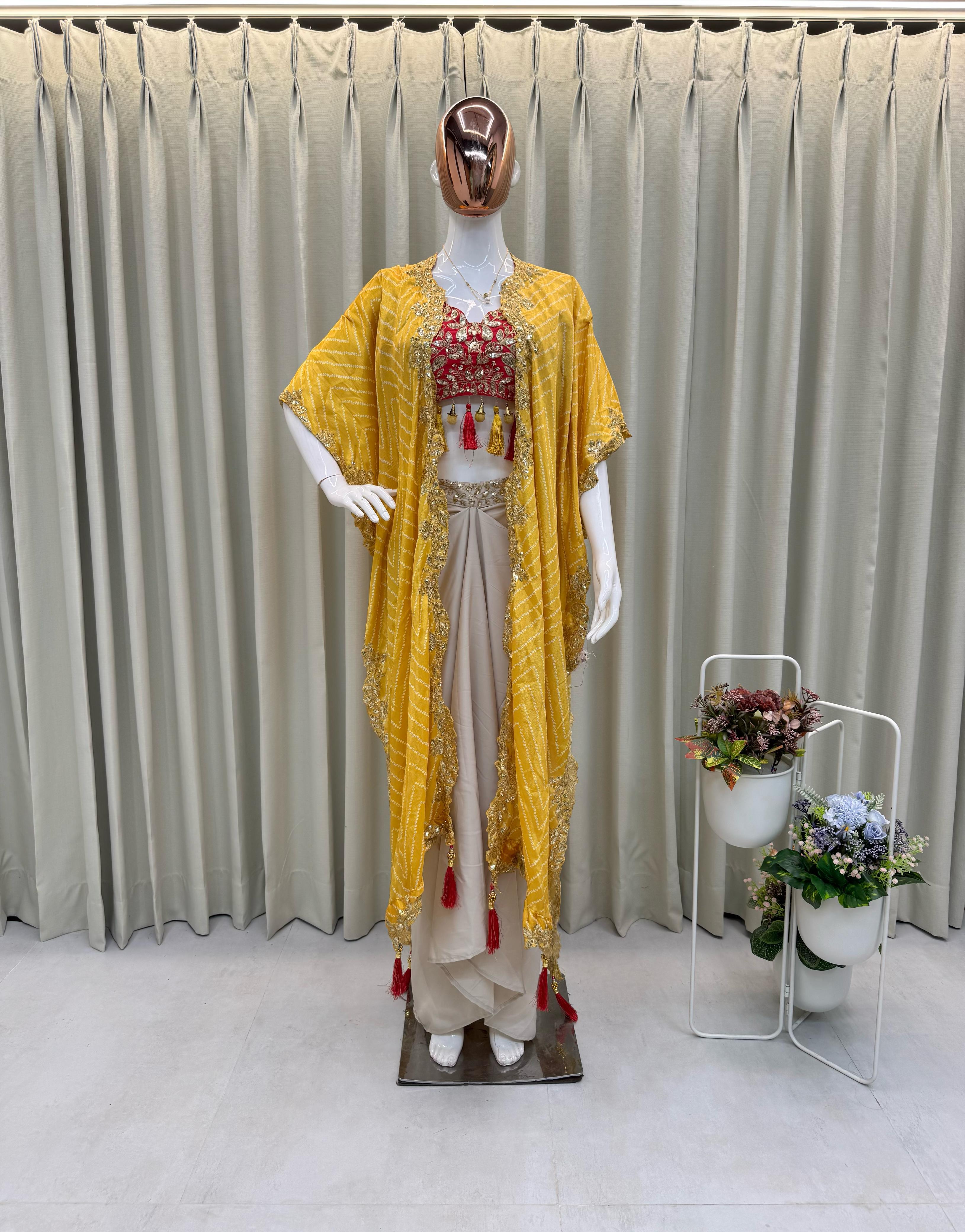 Three Piece Western Outfit - Embroidered Tube Blouse, Draped Skirt & Shrug